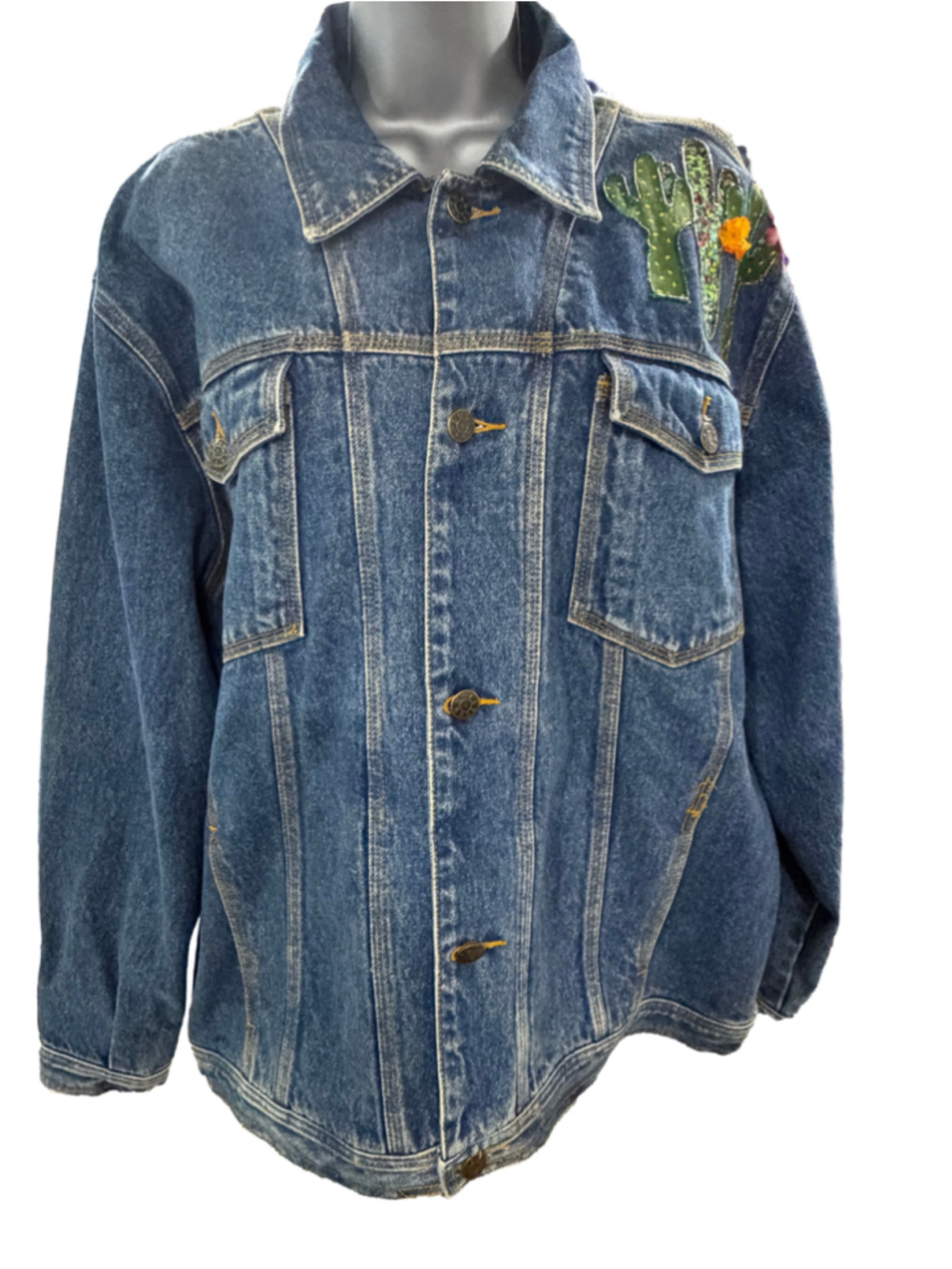 Reworked Vintage Denim Jacket, Hand-Beaded Cactus & Pottery Patches, Sz L